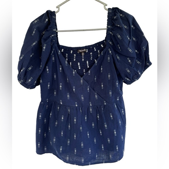 Madewell Tops - Madewell Women's Jacquard Empire Top Smocked Puff Sleeves Navy‎ Blue Size XS